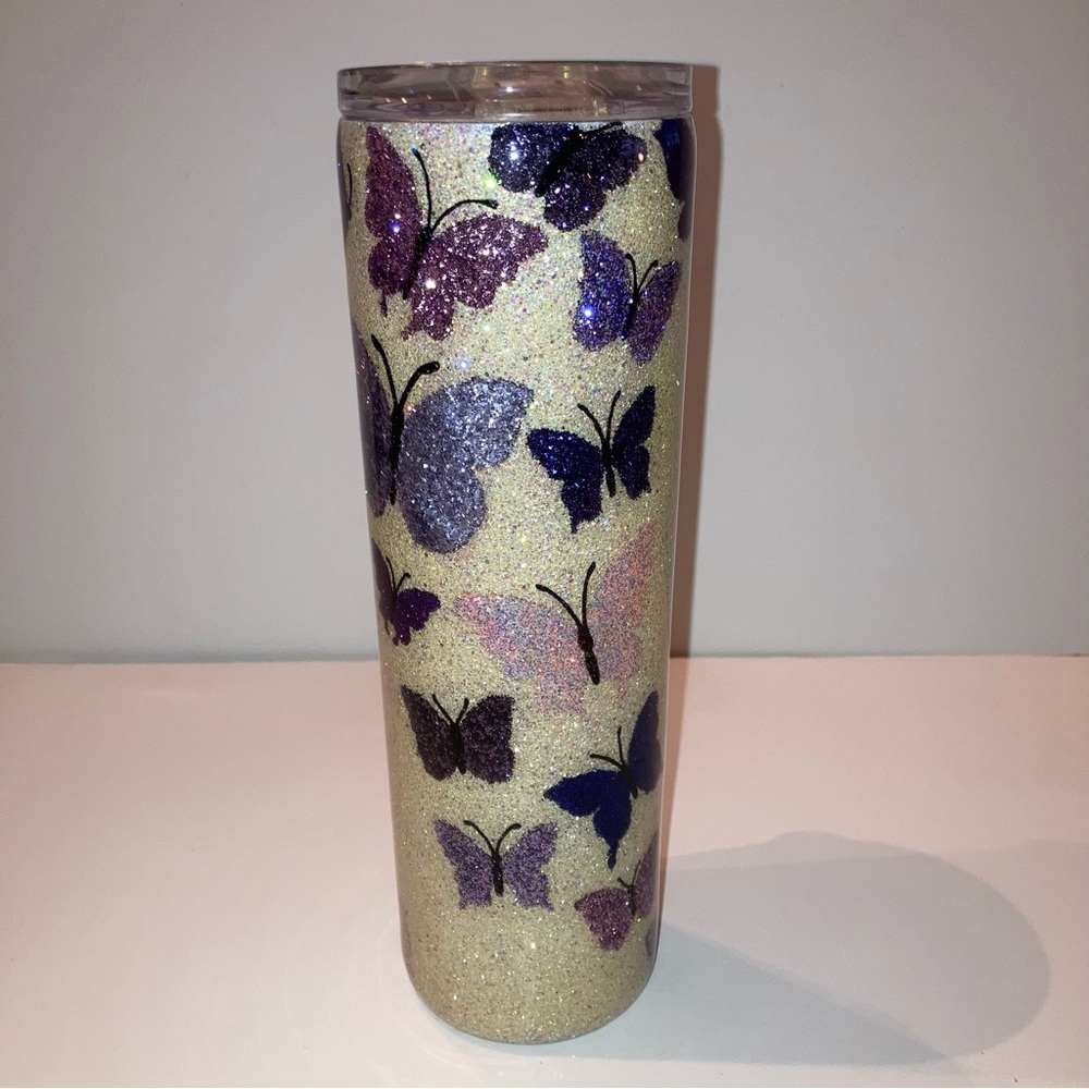 RARE Personalized Monica Monogram Purple Butterflies Summer Travel Mug Tumbler